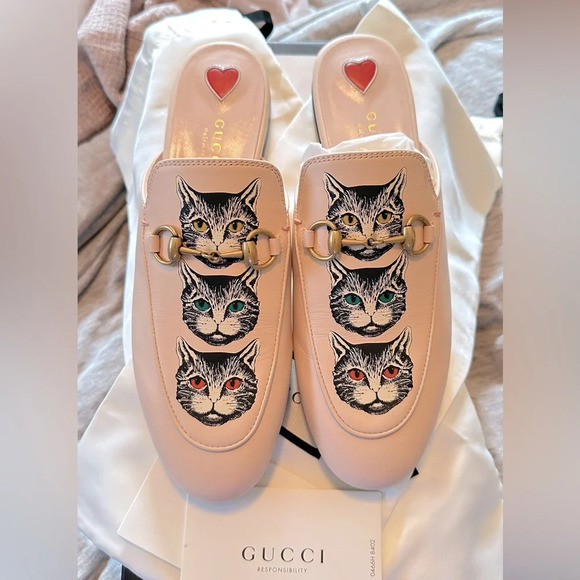 NIB Gucci Pink Leather Mystic Cat Princetown Mules Flats Size 37 - Picture 1 of 12